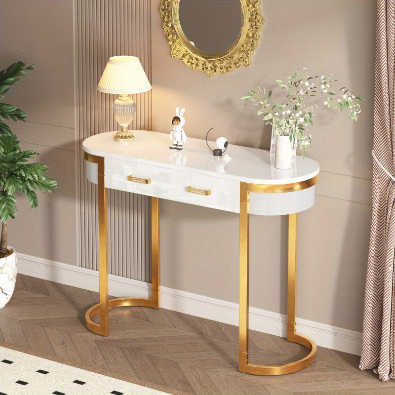 Hoge Bijzettafel – Sidetable – Bijzettafel – Opbergtafel – ConsolTafel – Wit Hoogglans Met Gouden Accenten – 100x40x76 cm – 2 Opbergrekken