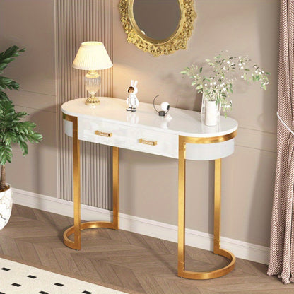 Hoge Bijzettafel – Sidetable – Bijzettafel – Opbergtafel – ConsolTafel – Wit Hoogglans Met Gouden Accenten – 100x40x76 cm – 2 Opbergrekken