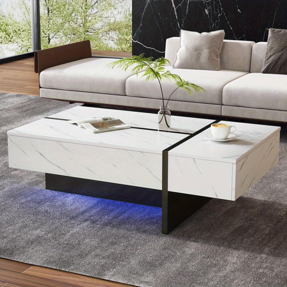 Salontafel – Koffietafel – Woonkamertafel – Bijzettafel – Salon tafel – Wit Marmerpatroon – Hoogglans Spaanplaat – 105x60x35 cm – Modern Minimalistisch Design