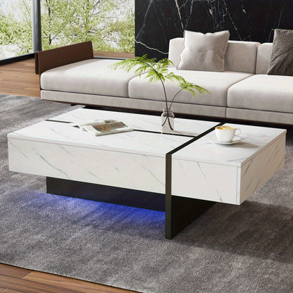 Salontafel – Koffietafel – Woonkamertafel – Bijzettafel – Salon tafel – Wit Marmerpatroon – Hoogglans Spaanplaat – 105x60x35 cm – Modern Minimalistisch Design