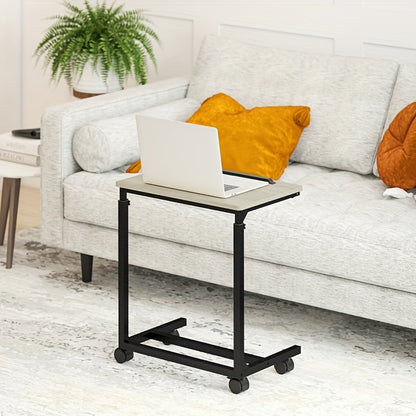 Modern C-Shaped Side Table with Height Adjustment - Heavy-Duty Metal Coffee table, Space-Saving Rolling Desk for Living Room, Home Office, Bedroom - Easy Assembly, No Wood Parts - White (21.6x14.2x24.6-32.5in)