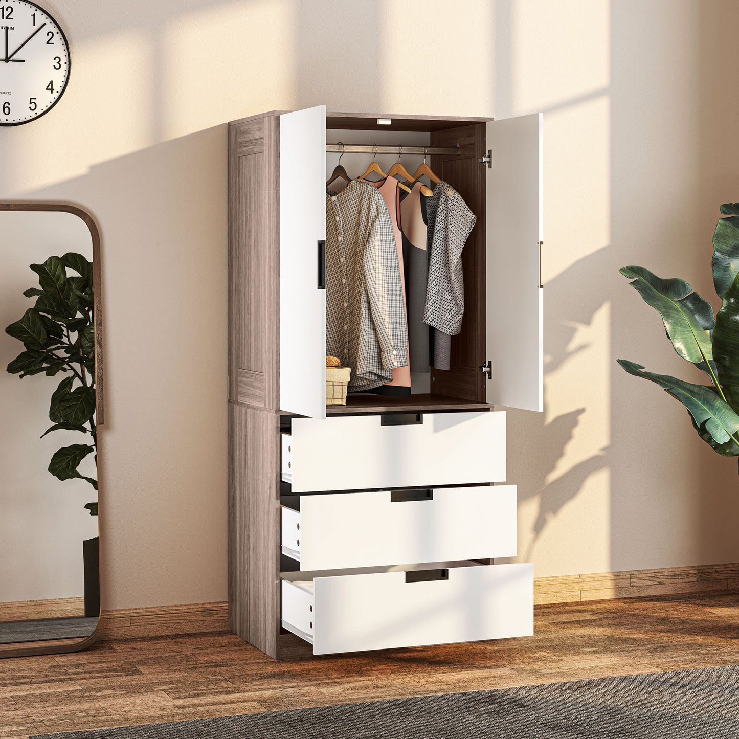 Kledingkast – Garderobekast – Linnenkast – Opbergkast – Dressoir – 80x50x180 cm – Met 3 Laden en Roede – Modern Bruin