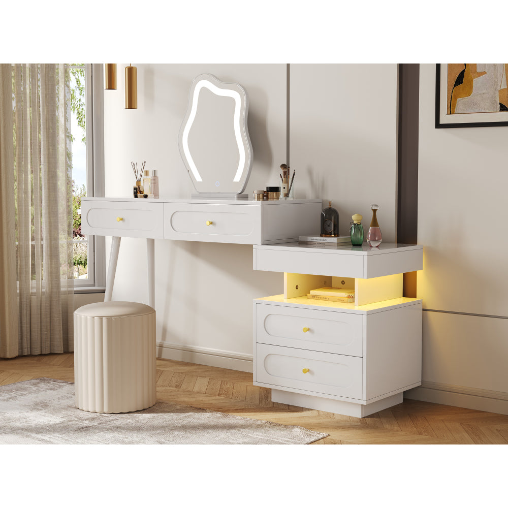 Kaptafel – Make-up Tafel – Dressing Table – Schoonheidstafel – Opbergmeubel – Modern Wit – Met 4 Lades en Open Plank – Compact Ruimtebesparend Ontwerp – Stevig Metalen Frame met Gouden Knoppen – Inclusief Kledingrek – 140x40x130 cm
