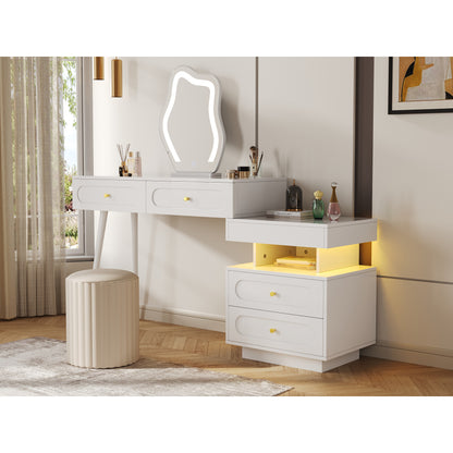 Kaptafel – Make-up Tafel – Dressing Table – Schoonheidstafel – Opbergmeubel – Modern Wit – Met 4 Lades en Open Plank – Compact Ruimtebesparend Ontwerp – Stevig Metalen Frame met Gouden Knoppen – Inclusief Kledingrek – 140x40x130 cm