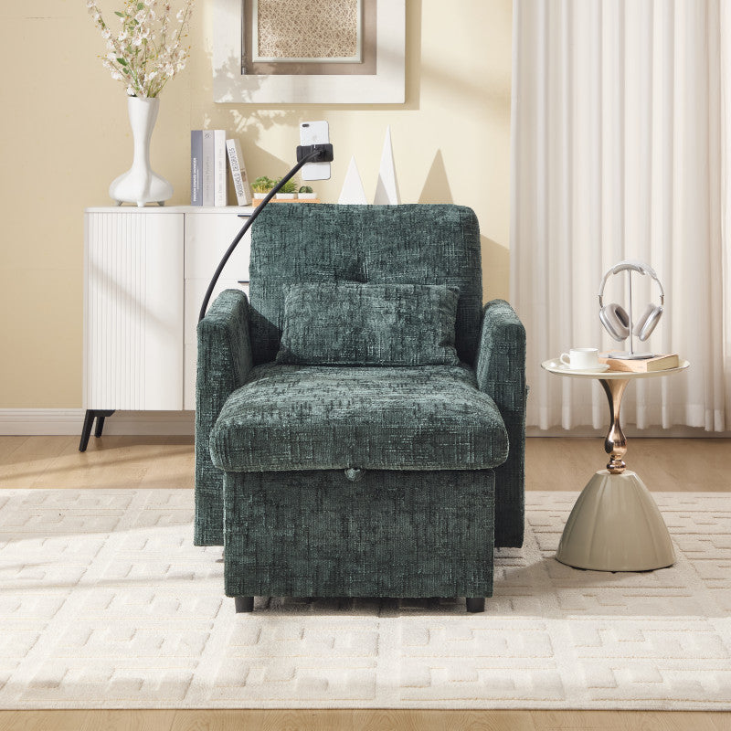 Loungestoel – Relaxstoel – Fauteuil – Leunstoel – Chenille Stoel – Inklapbaar & Ruimtebesparend – Zachte Chenille Bekleding & Telefoonhouder Met Opbergruimte