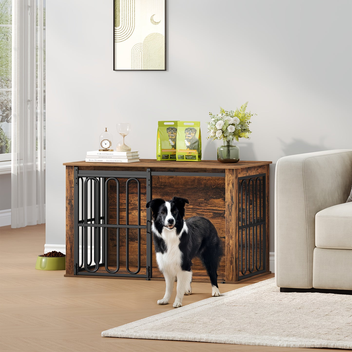 Heavy-Duty Wooden Dog Crate Furniture - Dual-Purpose Pet Cage & Side Table with Sliding Doors, Large Entry/Exit, Sturdy Wooden Construction, Space-Saving Design for Small/Medium/Large Dogs - Ideal for Living Room, Bedroom, Of