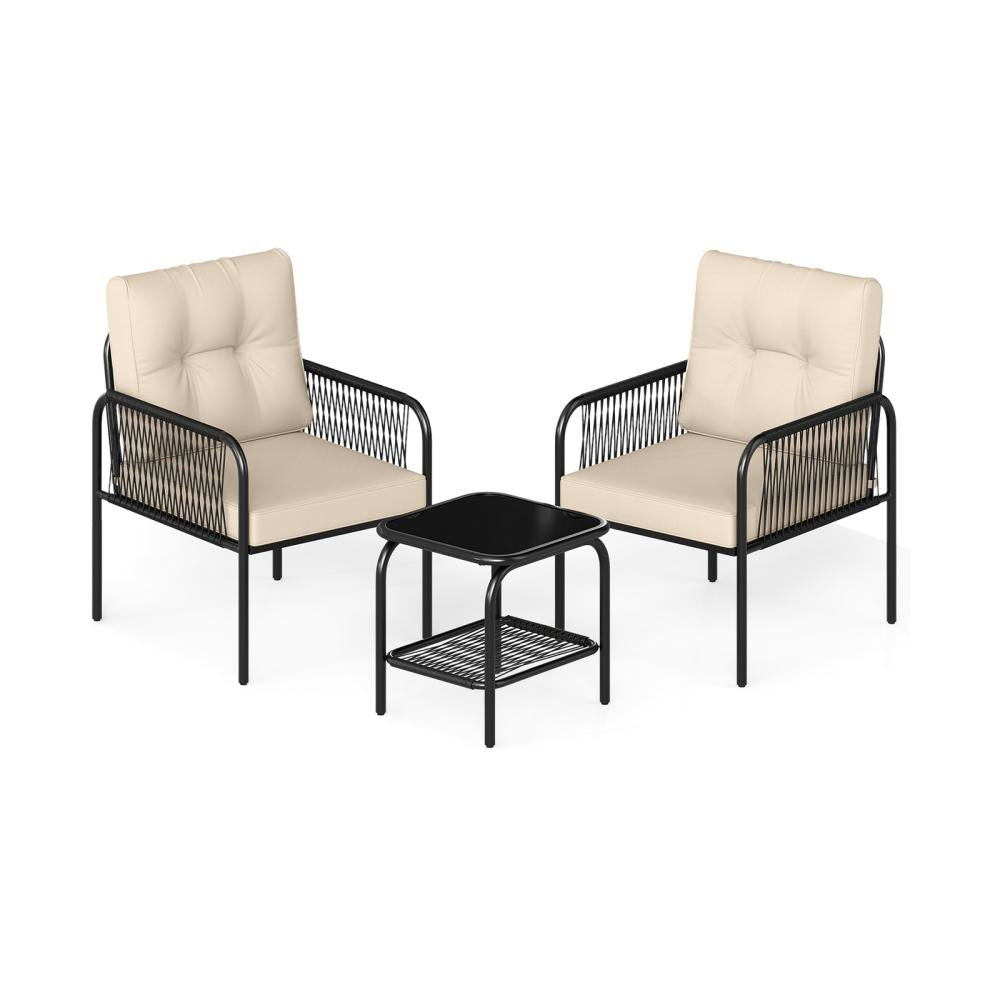 Bistroset – Balkonset – Tuinmeubel – Tuintafel Set – Buitenmeubels – PE Rattan – Tempered Glas Tafel – Comfortabele Kussens
