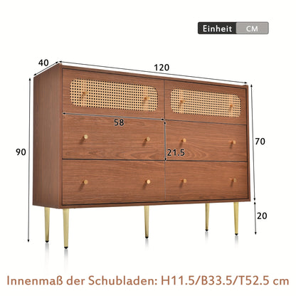 Ladekast – Ladenkast – Dressoir – Opbergkast – Kast – Walnoot Kleur – 6 Ruime Lades – Massief Hout Met Rattan Zijkanten