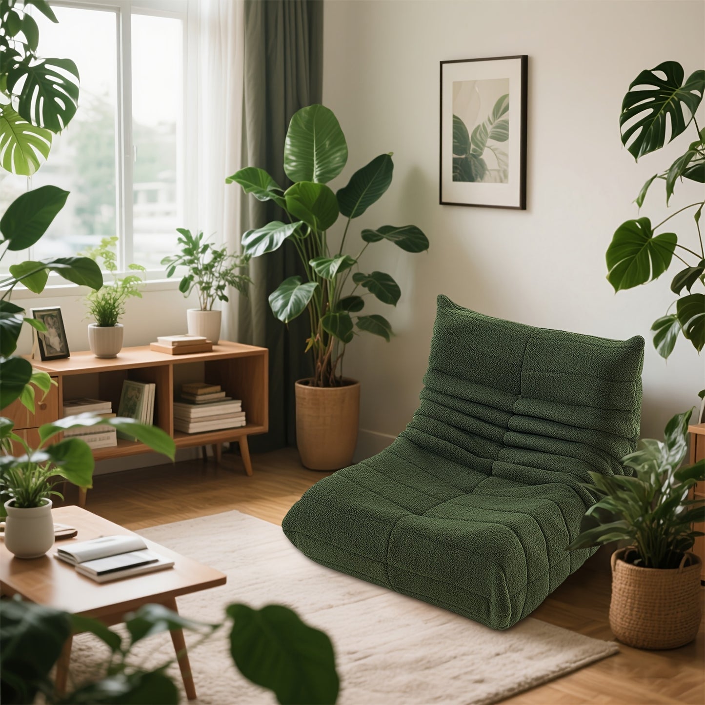 Loungestoel – Zitzak – Armless Fauteuil – Chaise Lounge – Accentstoel – Ergonomisch Ontwerp – Zachte Sherpa Bekleding – Groen Zonder Voetenbank