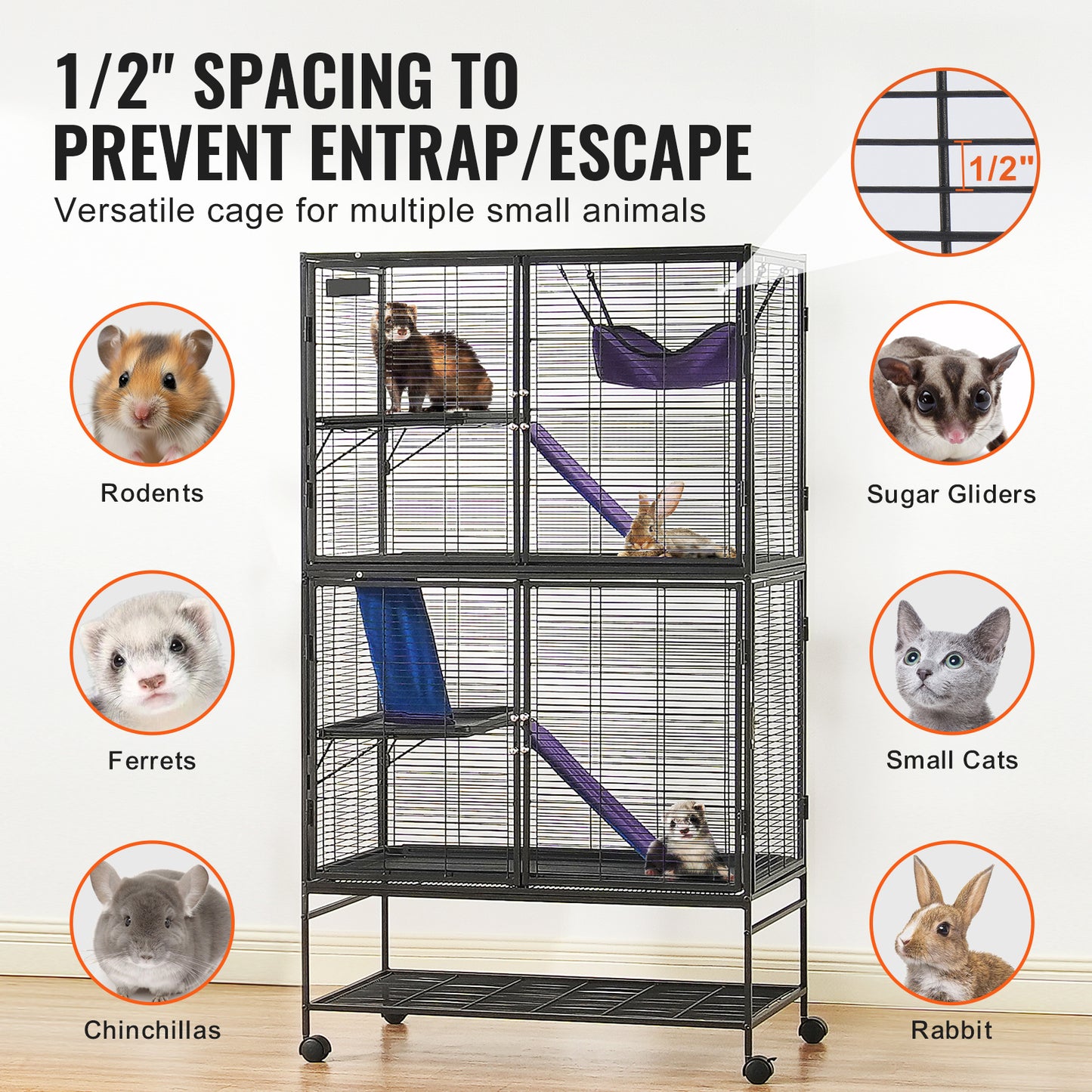 Dierenkooi Voor Kleine Huisdieren – Frettenkooi – Knaagdierkooi – Chinchillakooi – Caviakooi – Ruim 92x58x164 cm – Met 4 Platforms En Mobiele Wielen