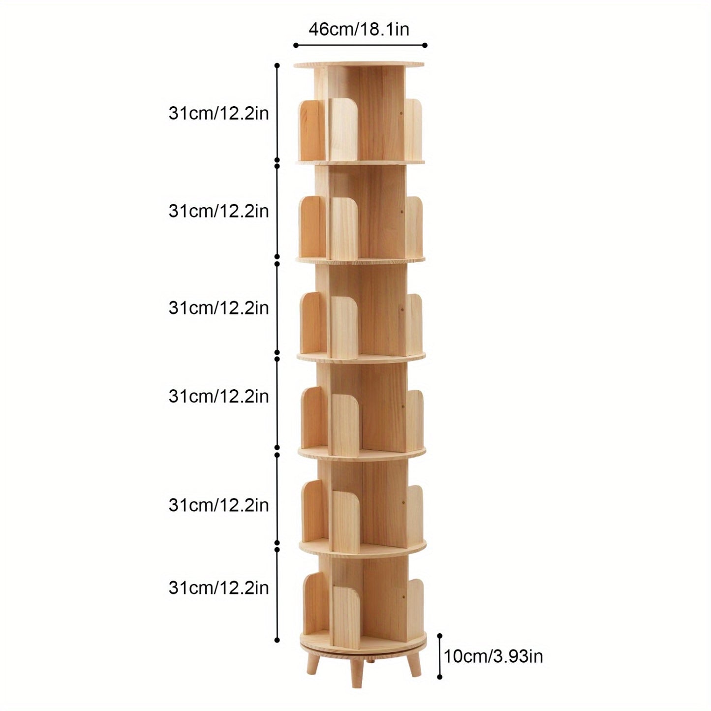 6-laags Draaibare Boekenplank – Draaiplank – Boekenkast – Opbergkast – Boekenrek – Massief Hout – 193 cm Hoog – 360 Graden Draaibaar