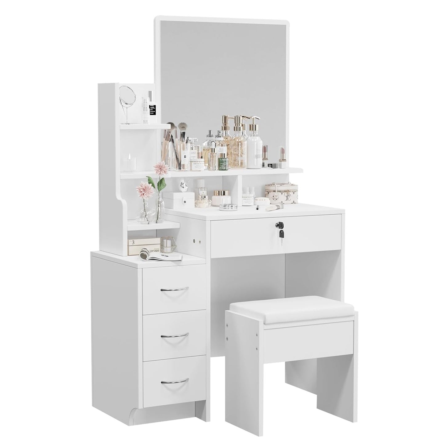 Kaptafel – Make-up Tafel – Dressing Table – Cosmeticatafel – Hoektafel – Met Spiegel en Kruk – 3 Lades en Open Planken – Compact Hout Kunststof