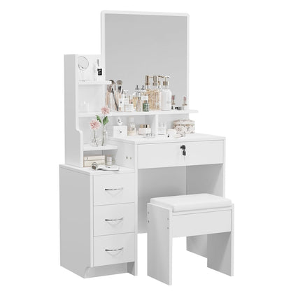Kaptafel – Make-up Tafel – Dressing Table – Cosmeticatafel – Hoektafel – Met Spiegel en Kruk – 3 Lades en Open Planken – Compact Hout Kunststof