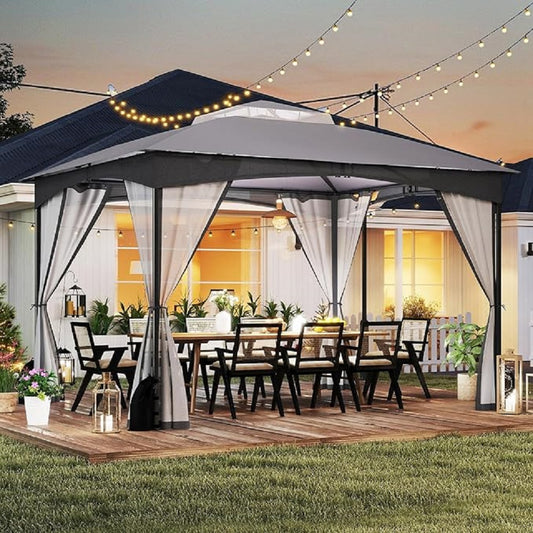 Outdoor Pavilion – Tuinpaviljoen – Tuinoverkapping – Partytent – Terras Overkapping – 365x300 cm – Dubbel Dak & Mesh Zijkanten