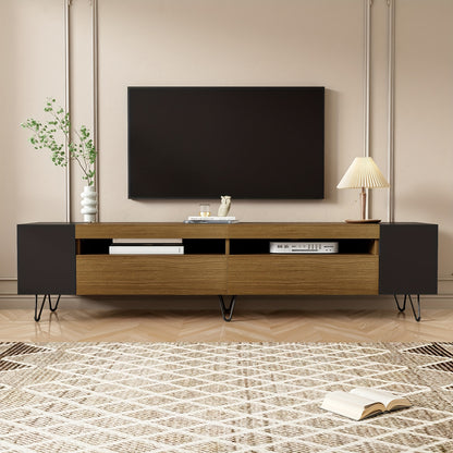 Modern TV Stand 180cm - Black & Wood Finish Engineered Wood & Composite Construction, Minimalist Design with Open Shelves & Closed Storage, Sturdy Metal Legs for Living Room, Bedroom, Home Theater, Tv Table for Living Room