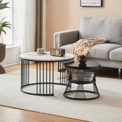 Salontafelset – Salontafels – Bijzettafels – Koffietafel – Woonkamertafel – Modern Design – Hoogglans Marmerlook – Set van 2 Ronde Tafels – Zwart Metalen Frame – Eenvoudige Montage
