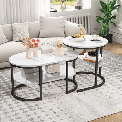 Salontafel Set – Woonkamertafel – Koffietafel – Bijzettafel – Opbergbank – Ronde en Ovale Tafels – Houten Blad met Metaal Frame – Dubbele Opbergruimte