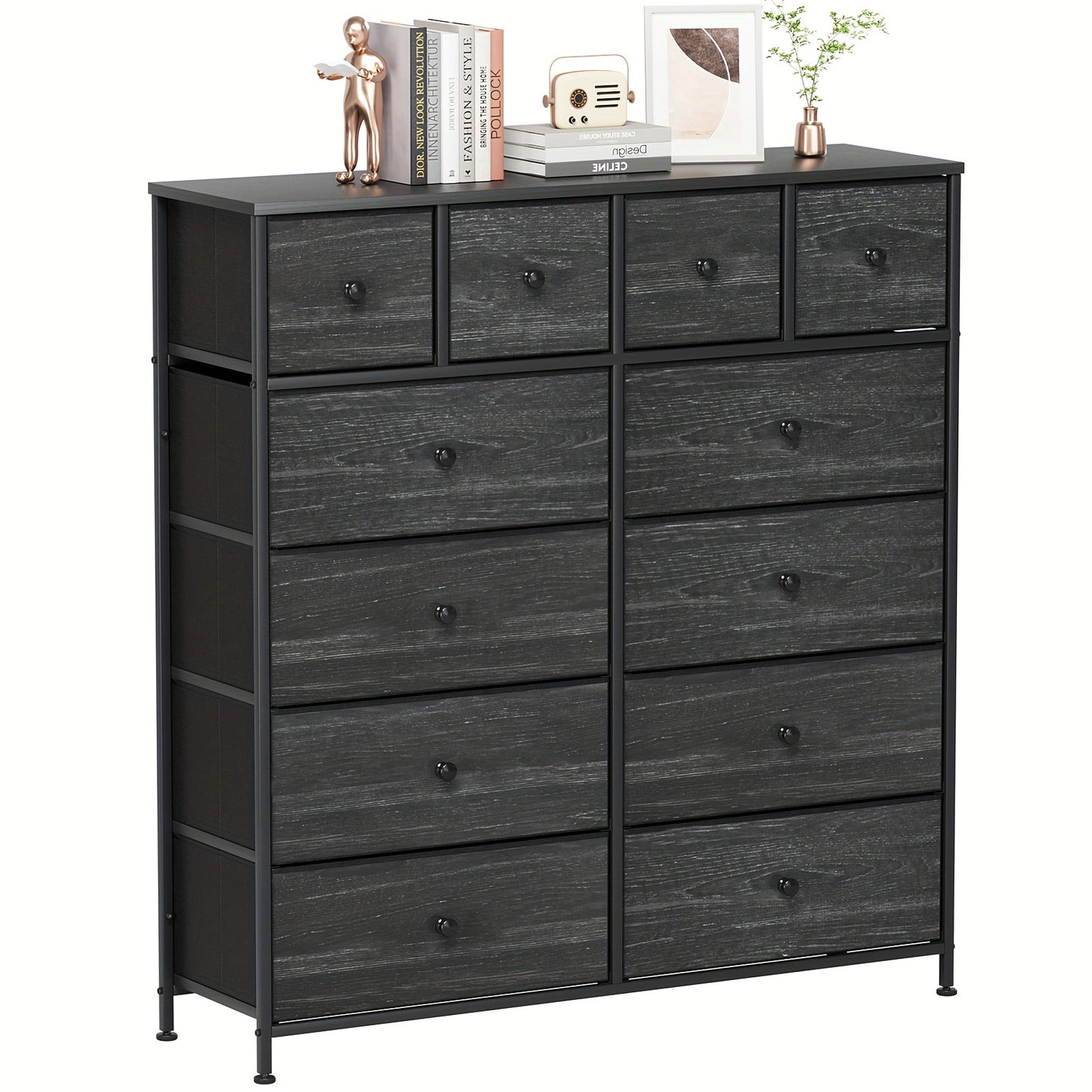 Sideboard – Dressoir – Ladekast – Commode – Opbergkast – Zwart – 12 Stoffen Laden – Stevig Hout en Metaal