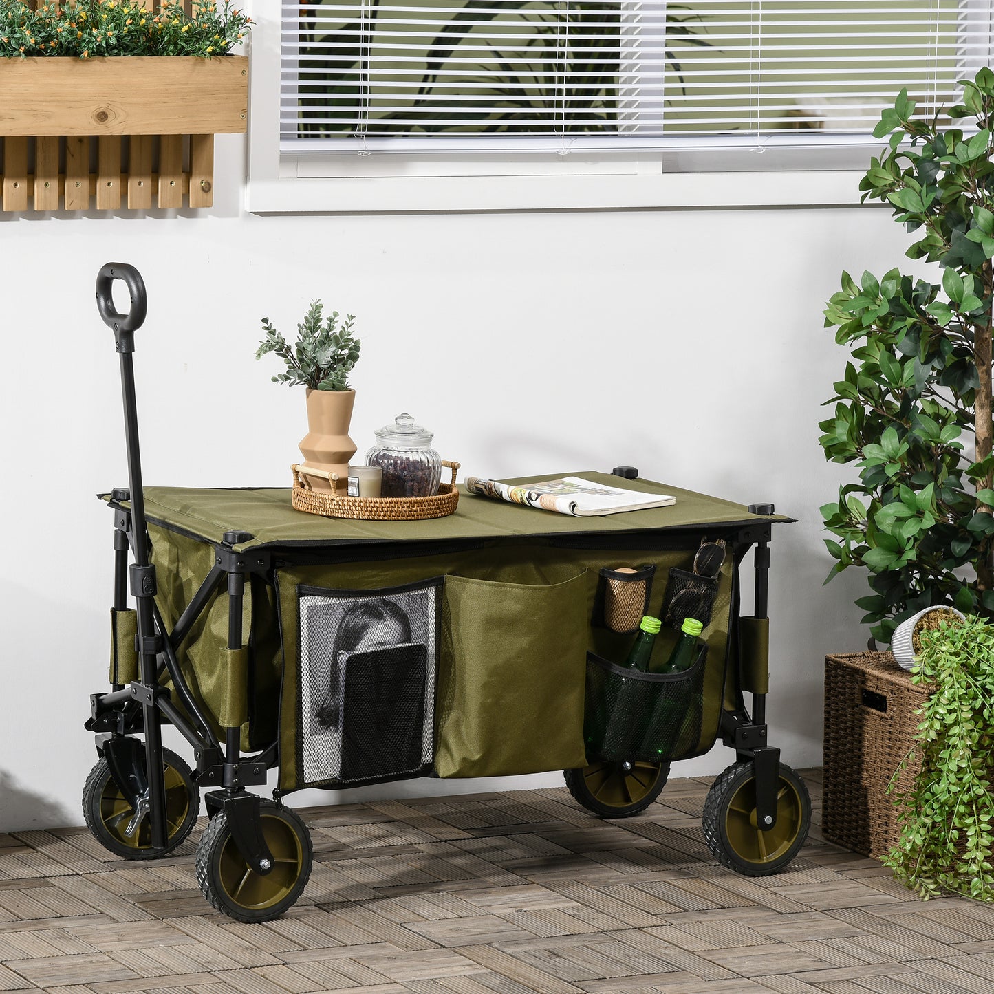 Strandkar – Bolderkar – Transportkar – Bolderwagen – Trekkar – Opvouwbaar – Verstelbare Telescopische Duwstang – 125L Inhoud – 100 kg Draagvermogen – Groen