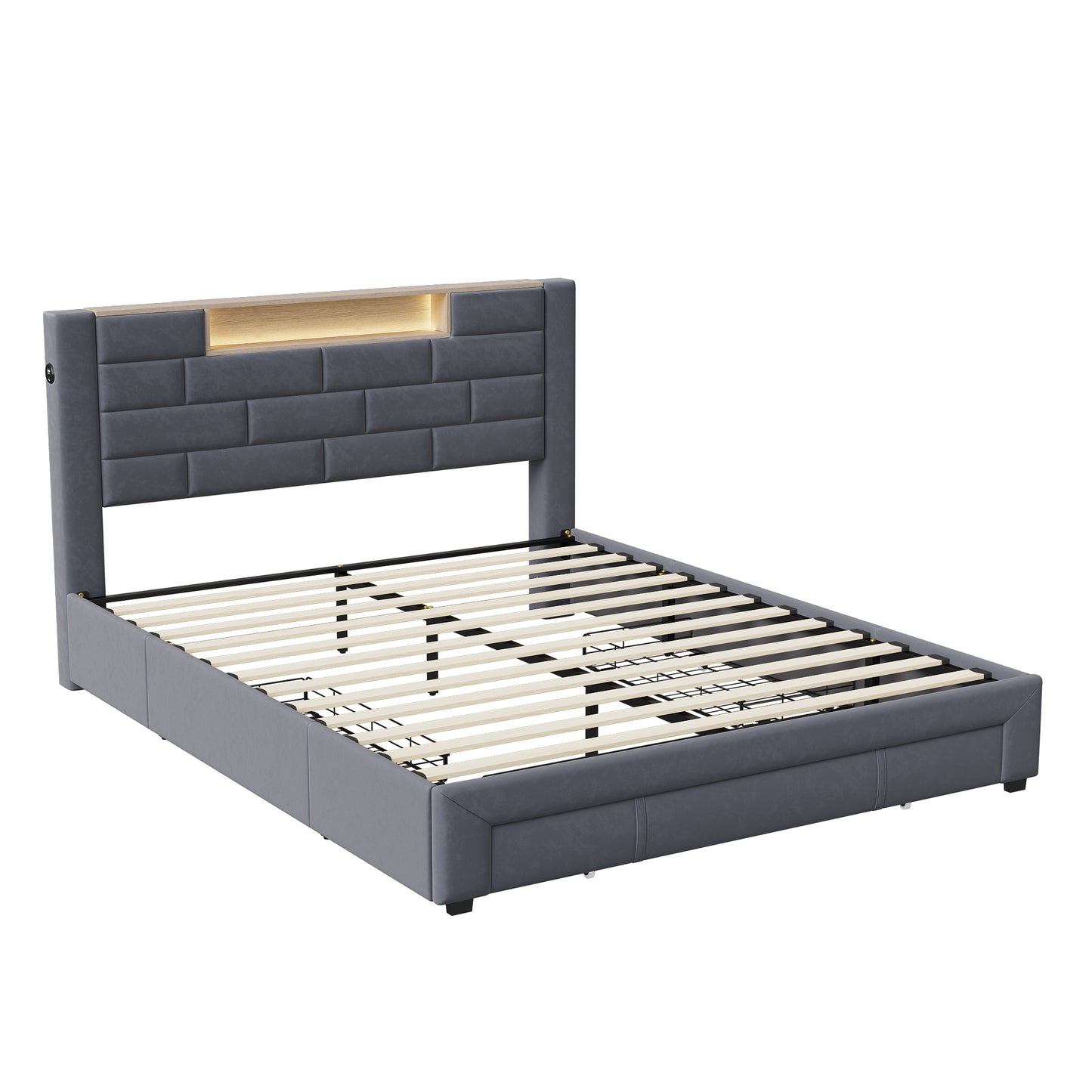 Tweepersoonsbed 140x200 cm – Bed Met Opberglades – Ladebed – Opbergbed – Velvet Bed – Grijs Bekleed – 3 Ruime Lades – Stevig Met Houten Lattenbodem