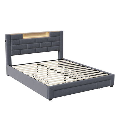 Tweepersoonsbed 140x200 cm – Bed Met Opberglades – Ladebed – Opbergbed – Velvet Bed – Grijs Bekleed – 3 Ruime Lades – Stevig Met Houten Lattenbodem