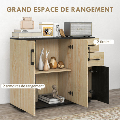 Sideboard – Dressoir – Opbergkast – Kast – Buffet – Natuurlijk Zwart – 90x30x75,5 cm – MDF Met Houtnerfafwerking – Verstelbare Plank & 3 Lades