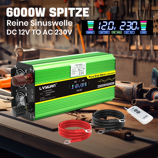 Omvormer – Spanningsomvormer – Stroomomvormer – DC naar AC Converter – Power Inverter – 3000W Continu Vermogen – Pure Sinusgolf Met LCD Display & Afstandsbediening