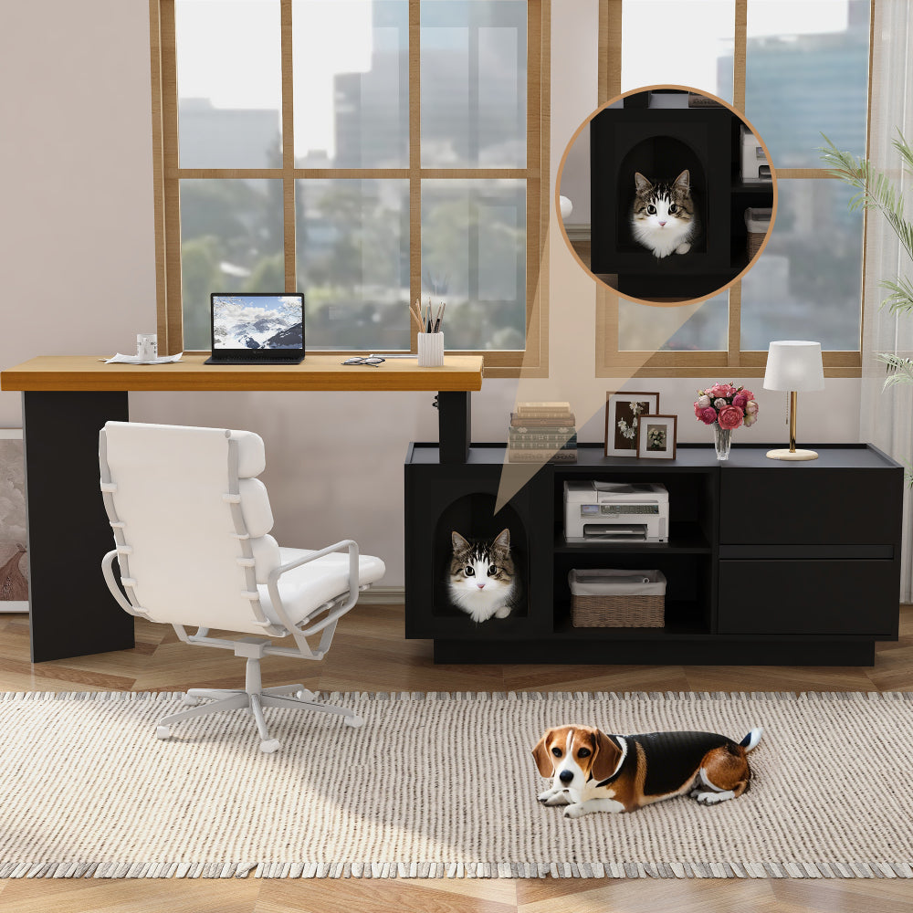 Hoekbureau – Bureau – L-vormig Bureau – Bureau Met Lade – Computerbureau – Zwart – XL Huisdierhuisje – Ruimtebesparend Ontwerp – Flexibele Montage