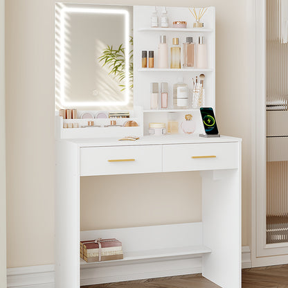 Makeuptafel – Kaptafel – Vanity – Schminktisch – Dressing Table – Met LED-verlichting – 2 Stopcontacten en 2 USB-poorten – 2 Lades en 4 Open Planken – Wit