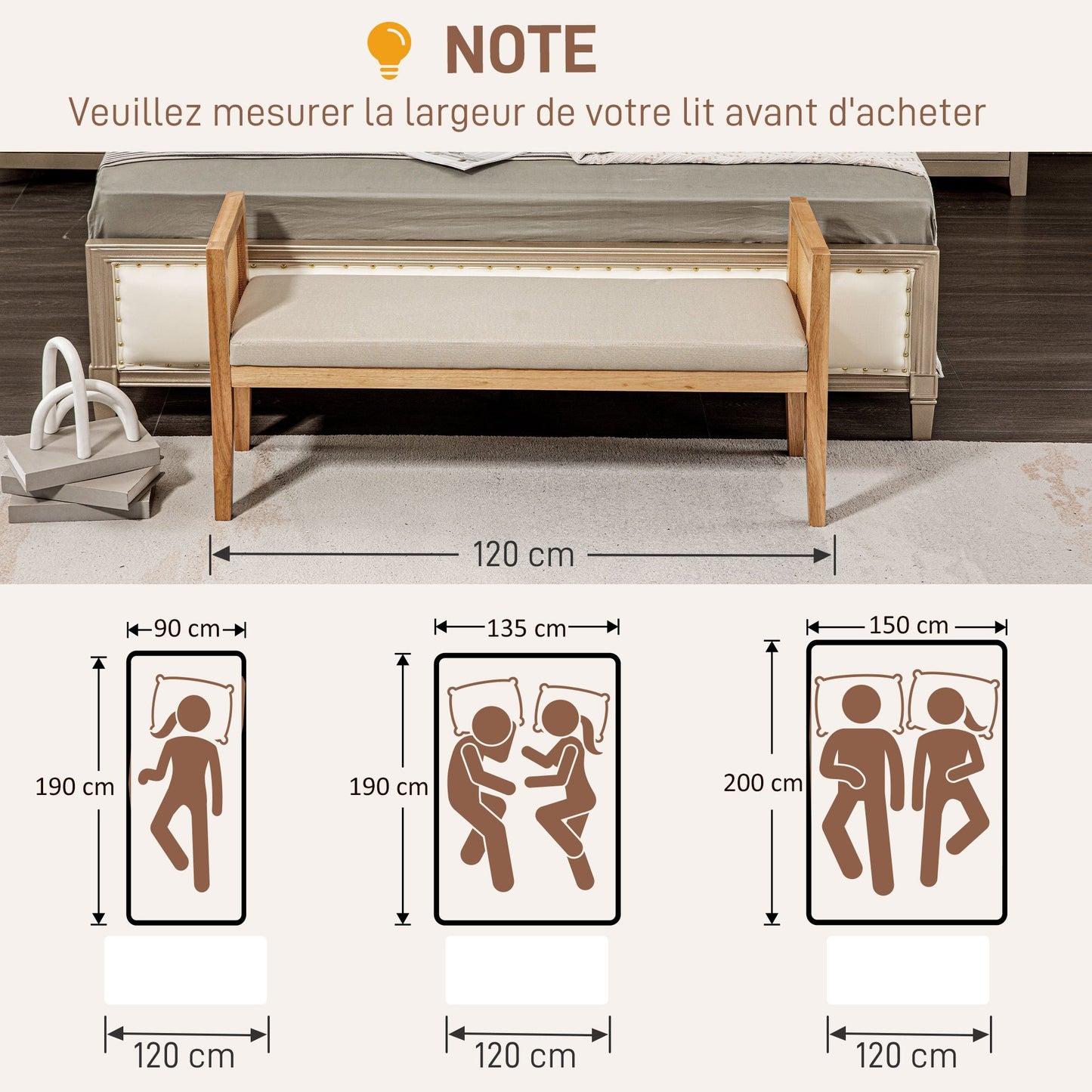 Woonkamerbank – Zitbank – Slaapbank – Bankje – Halbank – Rattan Armleuningen – Stevig Houten Frame – Comfortabele Linnen-look Bekleding – 120 cm Lang