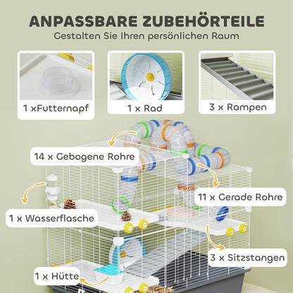 Dwerg Hamsterkooi – Hamsterkooi – Hamsterverblijf – Kleine Dierenkooi – Mini Dierenverblijf – 4 Verdiepingen Met Tunnel Systeem – Inclusief Accessoires En Bovenklep – Grijs 78x45x73 cm
