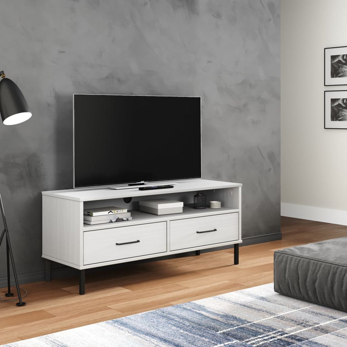 TV Cabinet with Metal Legs White Solid Wood Pine OSLO TV Stand Entertainment Center with Storage, Media Television Table for Living Room Bedroom