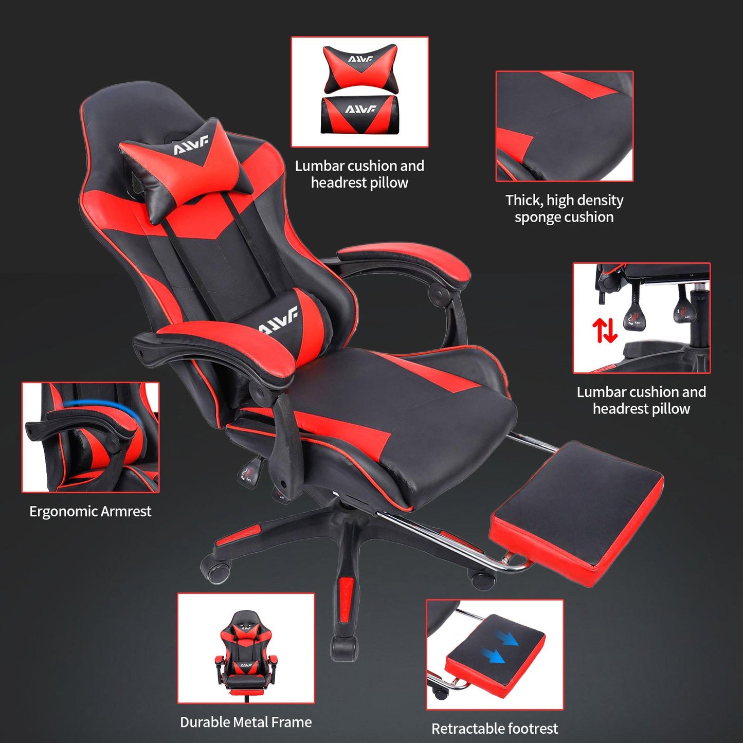 Ergonomische Gamingstoel – Bureaustoel – Gamerstoel – Draaistoel – Werkstoel – Met Verstelbare Voetensteun – Roestvrijstalen Frame – Rood