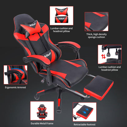 Ergonomische Gamingstoel – Bureaustoel – Gamerstoel – Draaistoel – Werkstoel – Met Verstelbare Voetensteun – Roestvrijstalen Frame – Rood