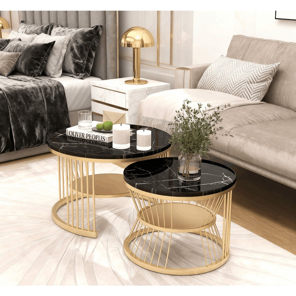 Salontafel – Bijzettafel – Nesting Tafel – Woonkamertafel – Balkon Salontafel – Metaal Frame – Marmerlook – Set Van 2 – Ronde Bladen – Ruimtebesparend – Lichtgewicht