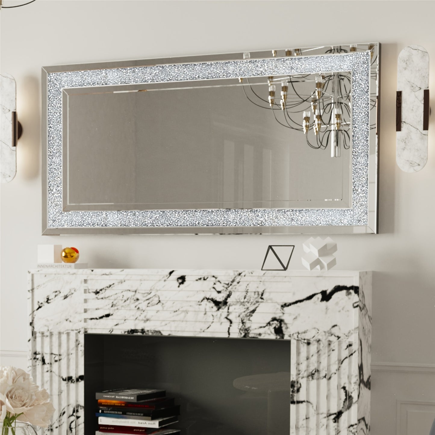 Grote Wandspiegel – Volledige Lengte Spiegel – Hangspiegel – Sierlijke Spiegel – Grote Kamer Spiegel – 120x60cm – Verzilverd Kristal Frame – Horizontaal en Verticaal Ophangbaar