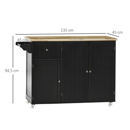 Keukenwagen – Keukentrolley – Keukenkast – Serveerwagen – Keukeneiland – Zwart Heveahout – Met Handdoekhouder & Veel Opbergruimte – 135x45x94,5 cm