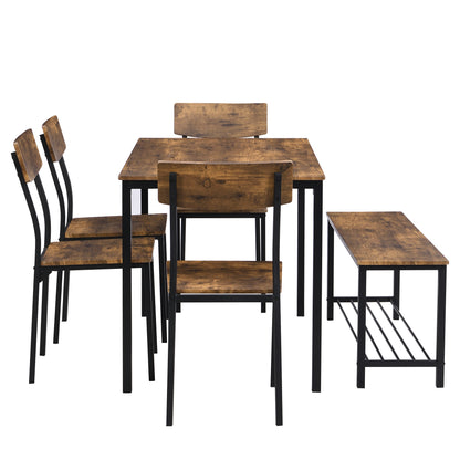Eettafelset – 6-Delige Diningset – Stoelenset – Bank En Tafel – Houten Eettafel – Industrieel Design – Duurzaam MDF En Stalen Frame – Compact Met Opbergruimte