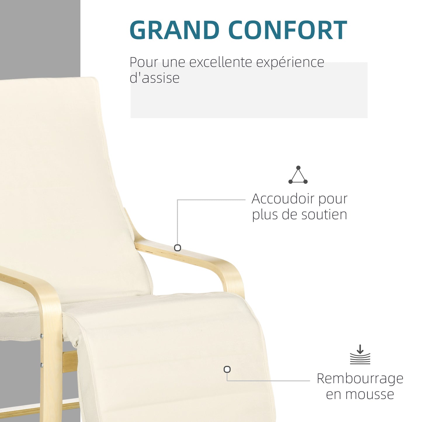 Relaxstoel – Fauteuil – Loungestoel – Zitstoel – Armstoel – Verstelbare Voetensteun – Ergonomisch Ontwerp – Solide Hout – Crèmekleur – Hoogwaardig Schuim