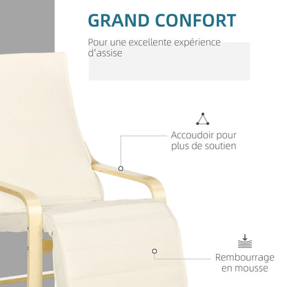 Relaxstoel – Fauteuil – Loungestoel – Zitstoel – Armstoel – Verstelbare Voetensteun – Ergonomisch Ontwerp – Solide Hout – Crèmekleur – Hoogwaardig Schuim