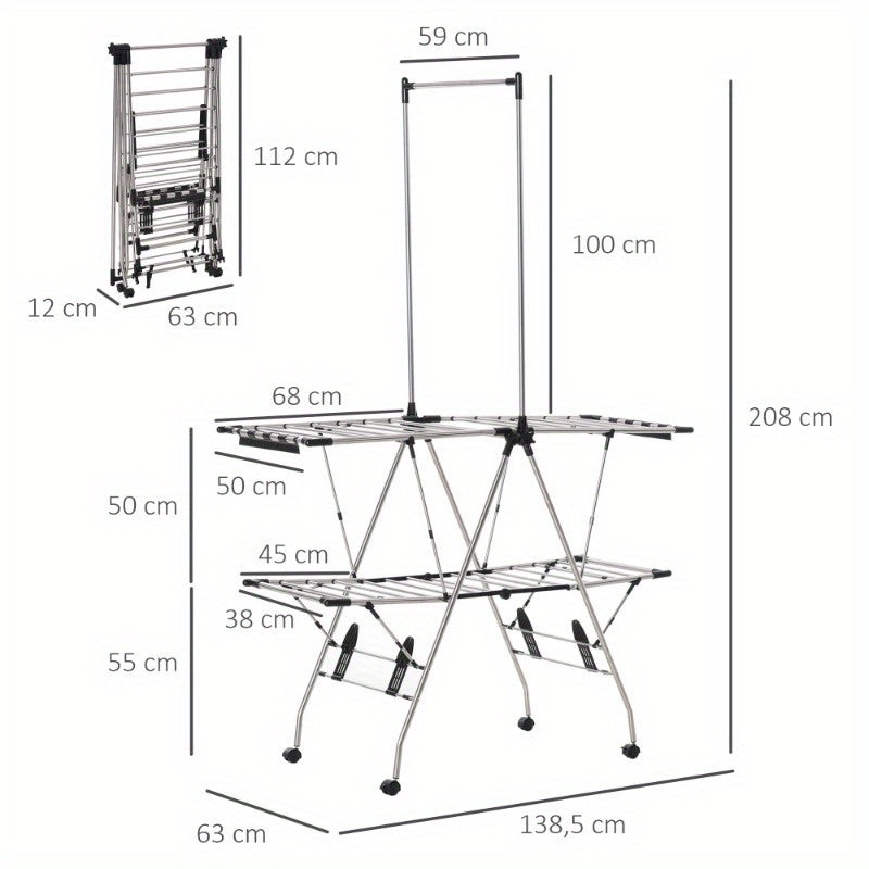 Wasrek – Droogrek – Droogtoren – Wastoren – Wasdroger – Inklapbaar – Telescopisch – Groot Formaat 138,5x63x208 cm – Stevig Metaal – Binnen en Buiten Gebruik