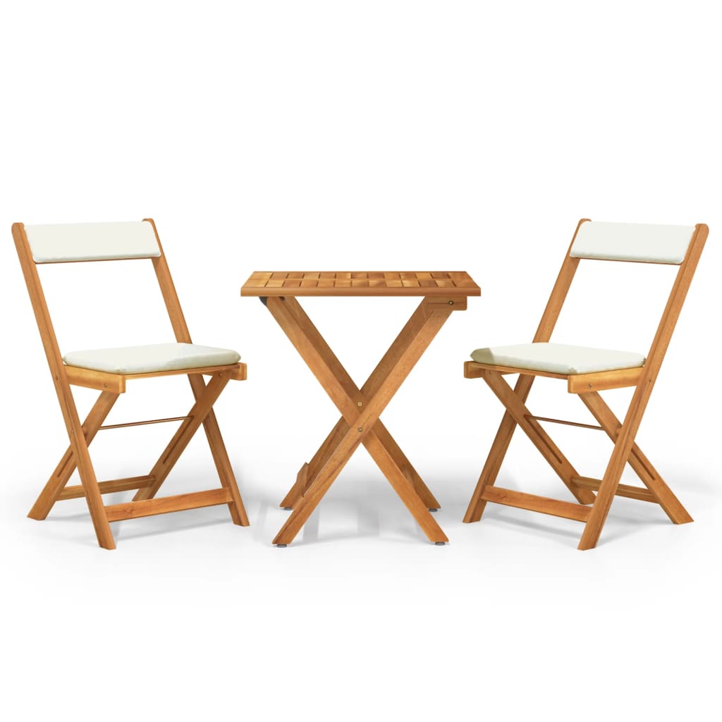 Bistroset – Bistrosets – Tuinset – Tuinmeubelen – Balkonset – Inklapbaar – Massief Acaciahout – Compact Bruin met Crème Kussens