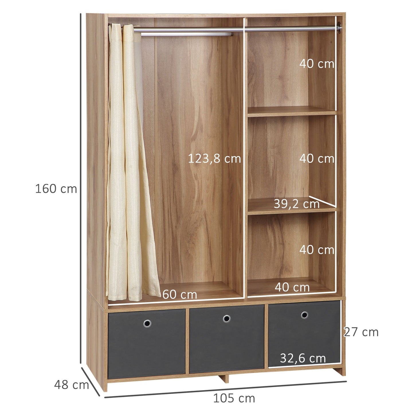 Kledingkast – Garderobekast – Opbergkast – Kleerkast – Dressoir – Naturel Houtlook – 3 Afneembare Stoffen Lades – 117,5 cm Ruime Kledingstang