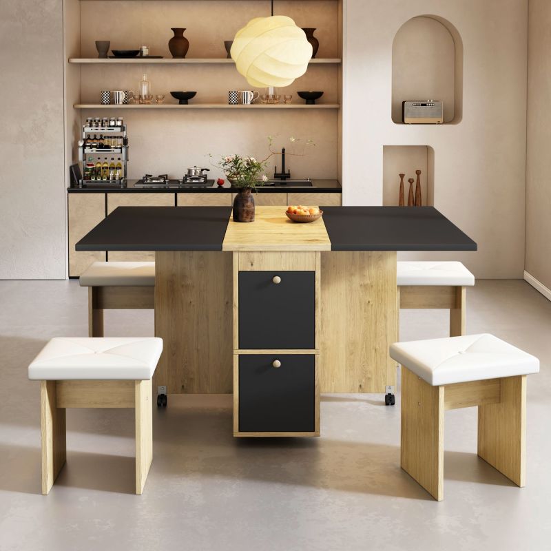 Uitschuifbare Eettafelset – Eetkamerset – Keukentafelset – Tafel Met Stoelen – Ruimtebesparend – Modern Landelijk Design – Wit Zwart Eikenhout – Compact En Multifunctioneel