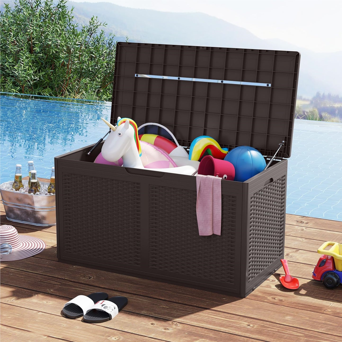 Opbergbox Tuinkist Tuinbox Buitenopberger Balkonbox – Rattan Opbergkist – 380 Liter – Waterdicht PP – Met Wieltjes & Zitfunctie 200 kg