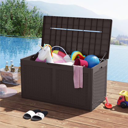 Opbergbox Tuinkist Tuinbox Buitenopberger Balkonbox – Rattan Opbergkist – 380 Liter – Waterdicht PP – Met Wieltjes & Zitfunctie 200 kg