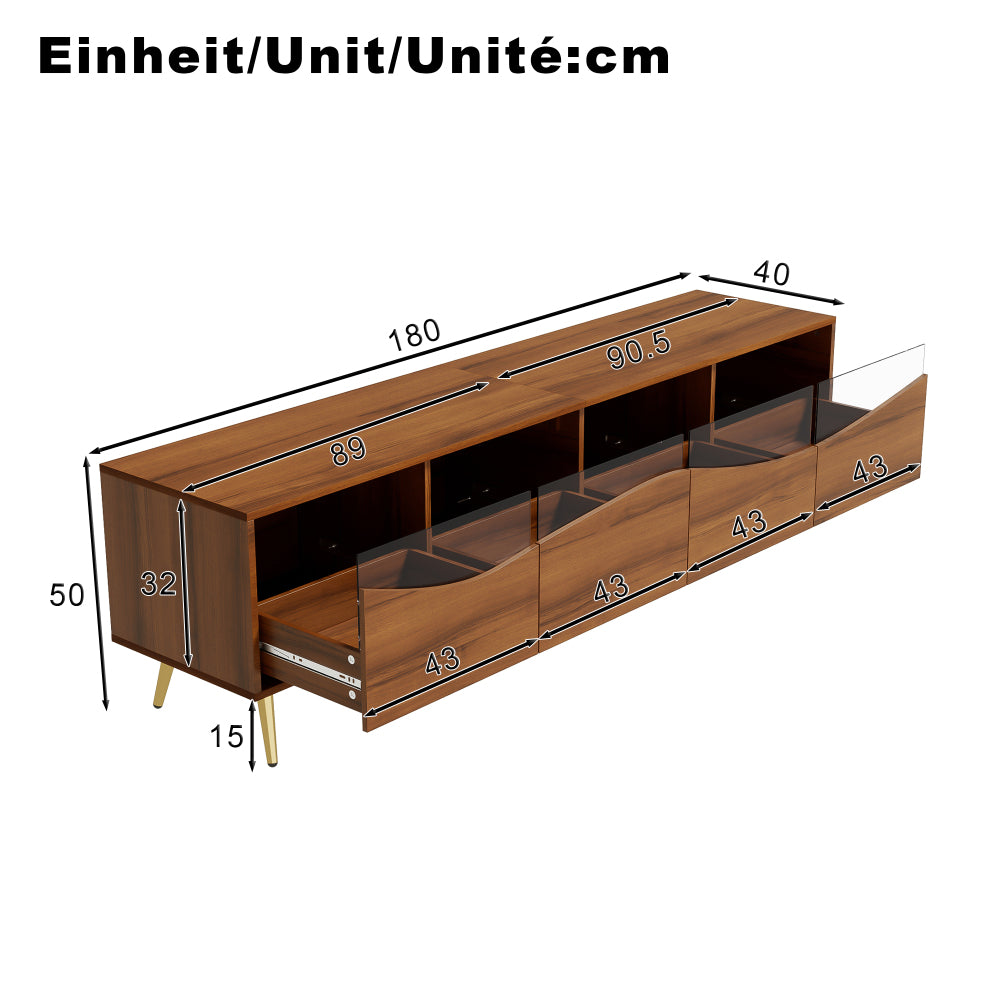 TV Meubel – TV Kast – TV Dressoir – Media Console – Lowboard – Modern Design – Hoogwaardige Materialen – 180x40x50 cm – Gouden Metalen Poten – Glazen Front – Opbergruimte
