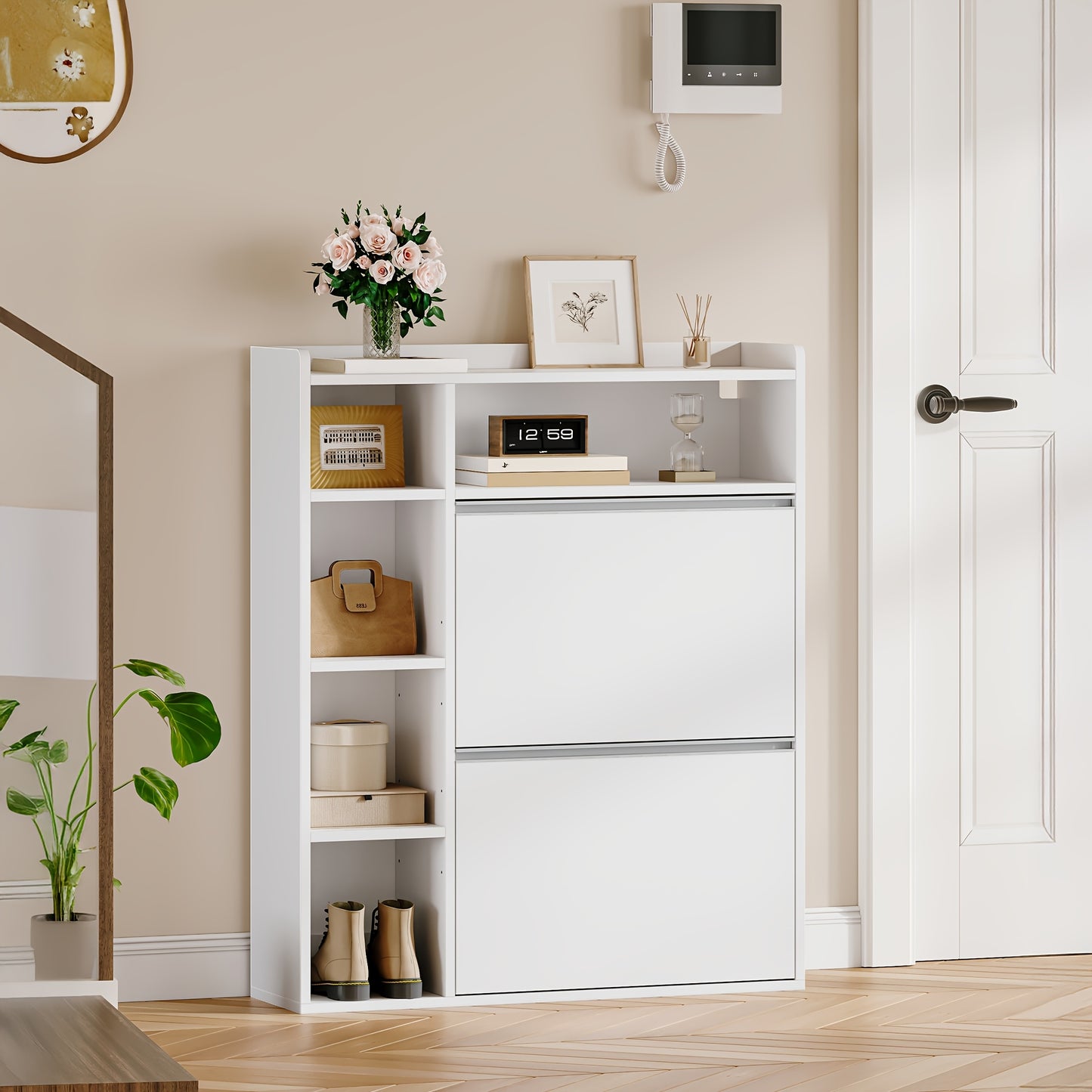 Narrow Shoe Cabinet with 2 Doors, Narrow Shoe Chest with 5 Open Compartments, Adjustable, Shoe Rack for 8-12 Pairs Of Shoes, for Hallways, Entrances, 84.7 X 24 X 102cm, White - QUORE
