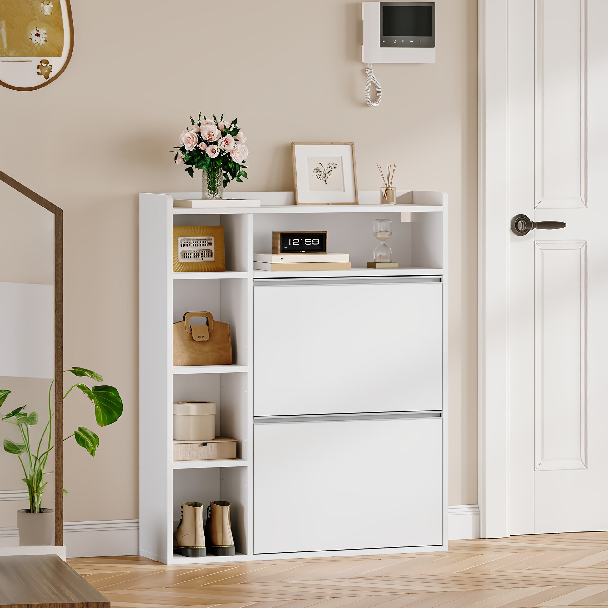 Narrow Shoe Cabinet with 2 Doors, Narrow Shoe Chest with 5 Open Compartments, Adjustable, Shoe Rack for 8-12 Pairs Of Shoes, for Hallways, Entrances, 84.7 X 24 X 102cm, White - QUORE