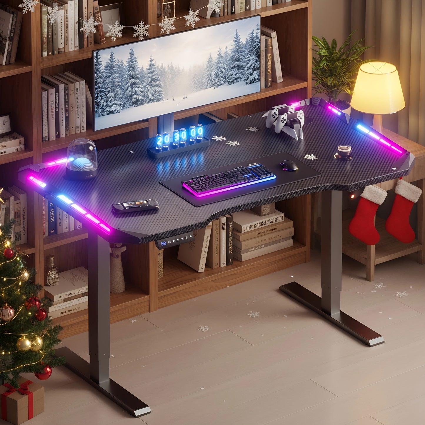 Elektrisch Verstelbaar Zit-Sta Bureau – Zit-Sta Tafel – Bureau Verstelbaar – Gaming Bureau – Thuiswerk Bureau – Carbon Fiber Tafelblad – RGB LED Verlichting – XXL Antislip Muismat – Hoofdtelefoonhaak – Verstelbaar 71-113 cm